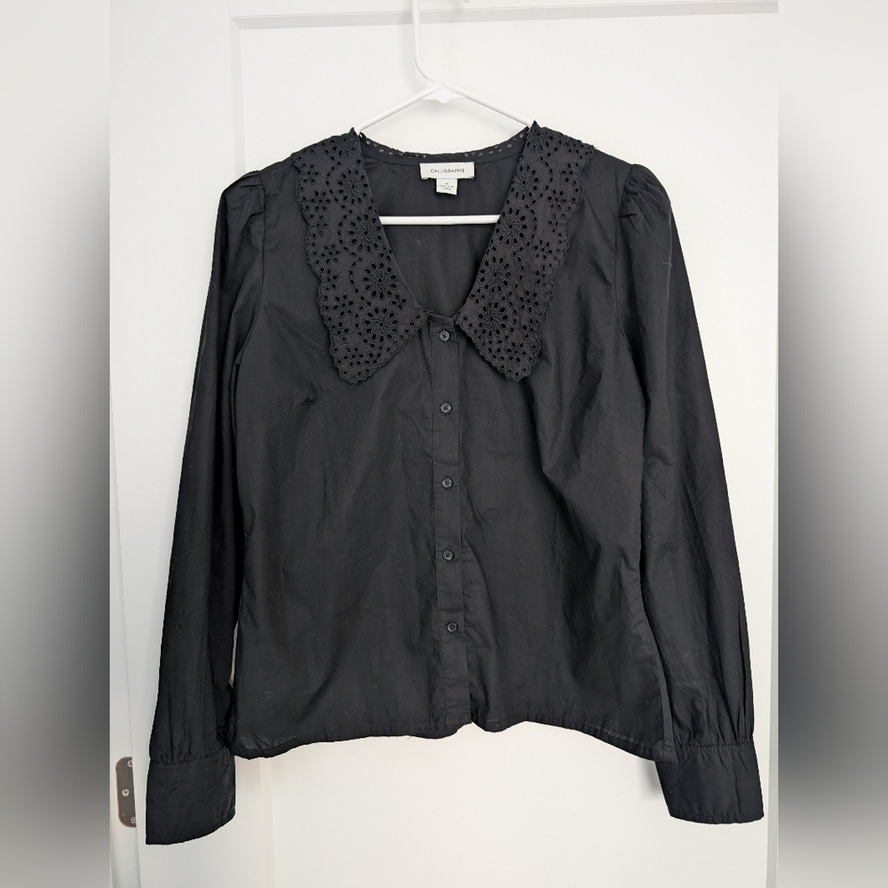 100% Cotton Calligraphie Black Eyelet Collar Long Sleeve Blouse Women's Size M - Picture 3 of 9